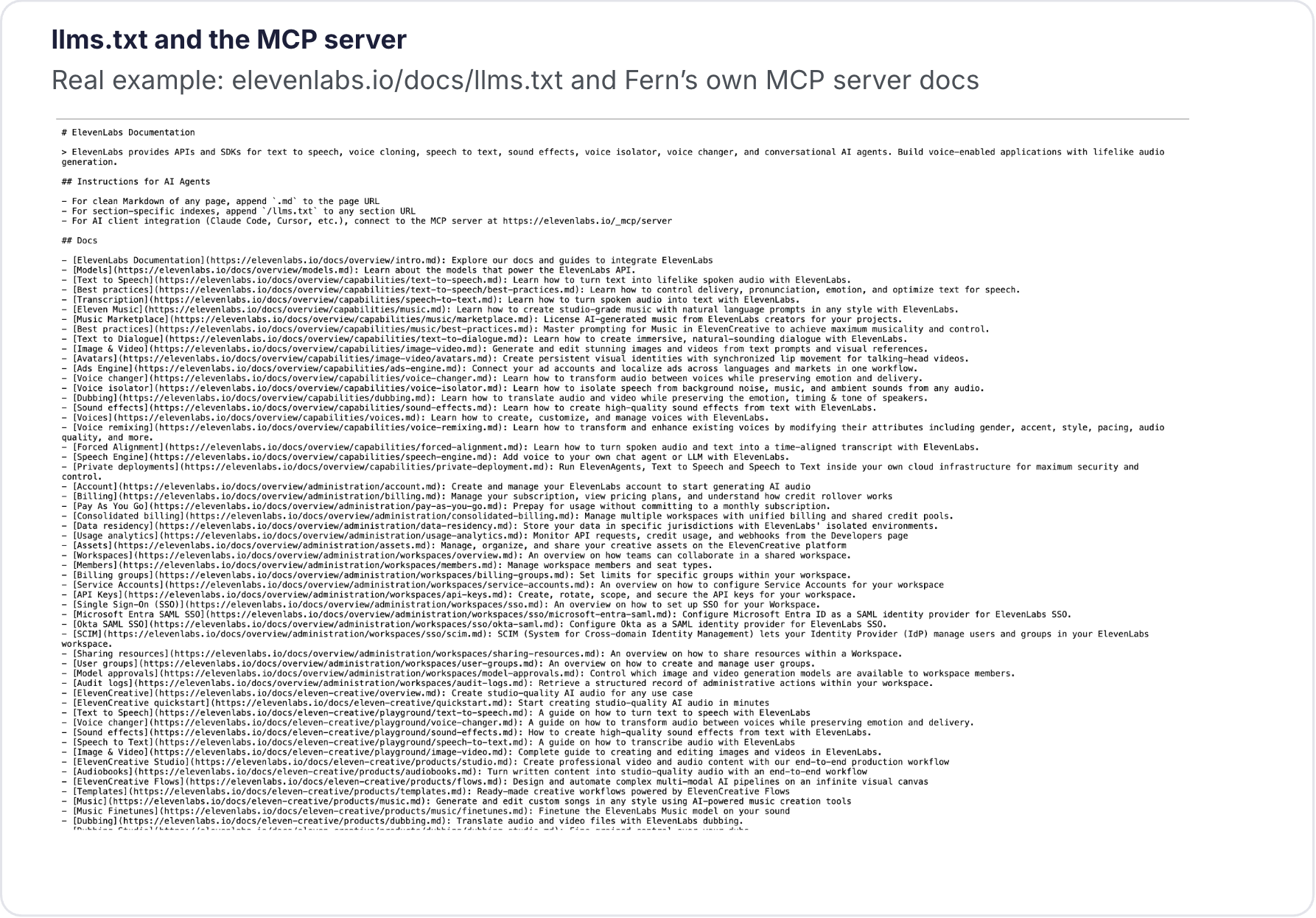 ElevenLabs llms.txt served by Fern — a structured, agent-readable index of docs with instructions for AI agents and an MCP server endpoint